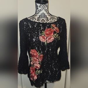 Karen Kane Black Lace Floral Embroidered Bell Sleeve Blouse Top‎ Sz Large